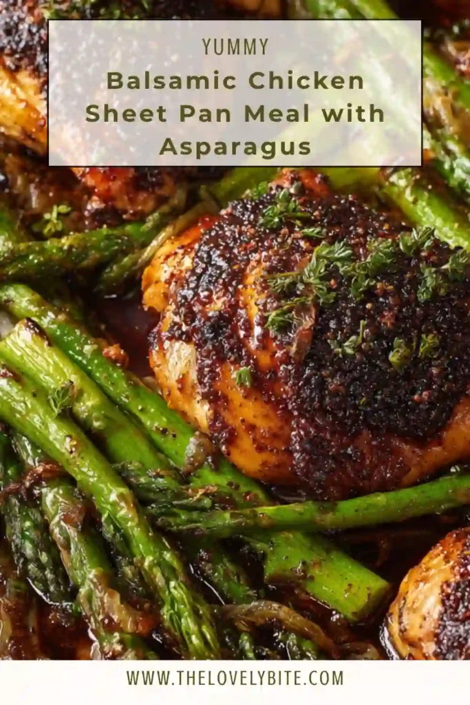 Roasted chicken thighs with asparagus and onions arranged on a baking tray with balsamic glaze and feta. This balsamic chicken and asparagus recipe is a simple and flavorful sheet pan chicken dinner.