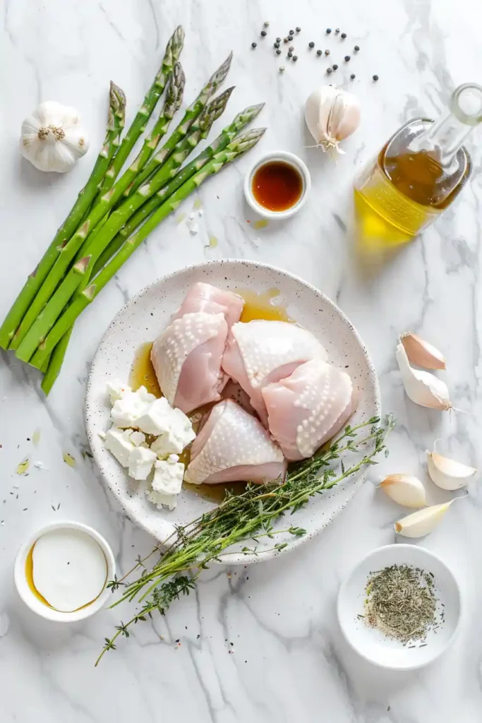 A freshly baked Balsamic Chicken Sheet Pan Meal served with roasted asparagus, onion, and a sprinkle of feta cheese. The chicken is browned and glossy from the sweet and tangy balsamic dressing.