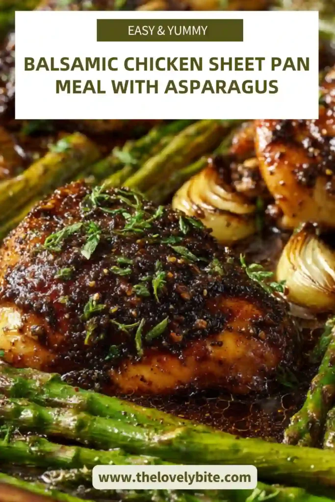 Close-up of baked balsamic chicken with caramelized onions and bright green asparagus on a sheet pan. The dish is rustic, hearty, and ideal for a quick one pan chicken meal.