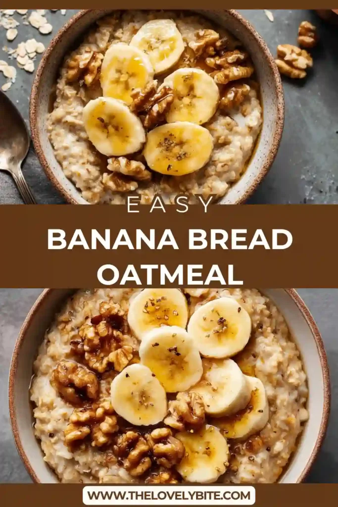Freshly cooked Banana Bread Oatmeal served warm with toasted walnuts and sliced bananas on top.