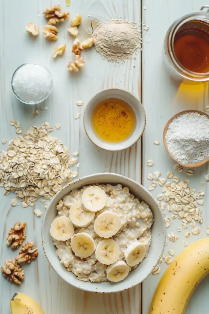 A bowl of Banana Bread Oatmeal topped with caramelized banana slices and walnuts, showcasing a creamy texture and warm golden tones.