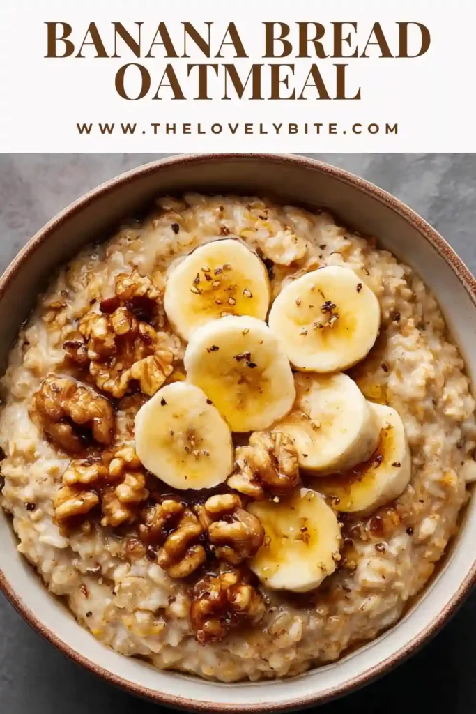 Healthy Banana Bread Oatmeal breakfast in a bowl with creamy oats and golden caramelized banana slices.
