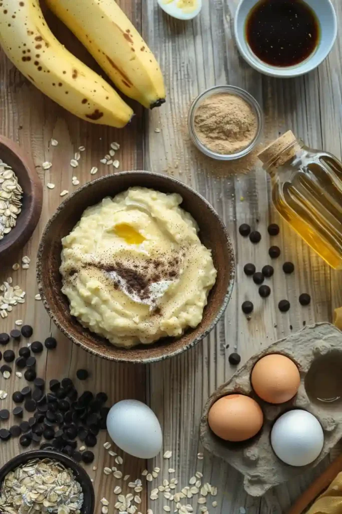 Freshly baked banana oat muffins in a tray with chocolate chips on top, showing soft texture and golden color.