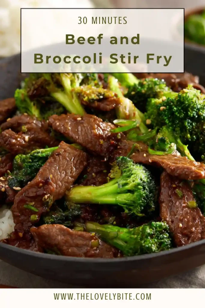 A bowl of beef and broccoli stir fry with tender beef slices and vibrant green broccoli coated in glossy savory sauce. Perfect quick dinner idea.