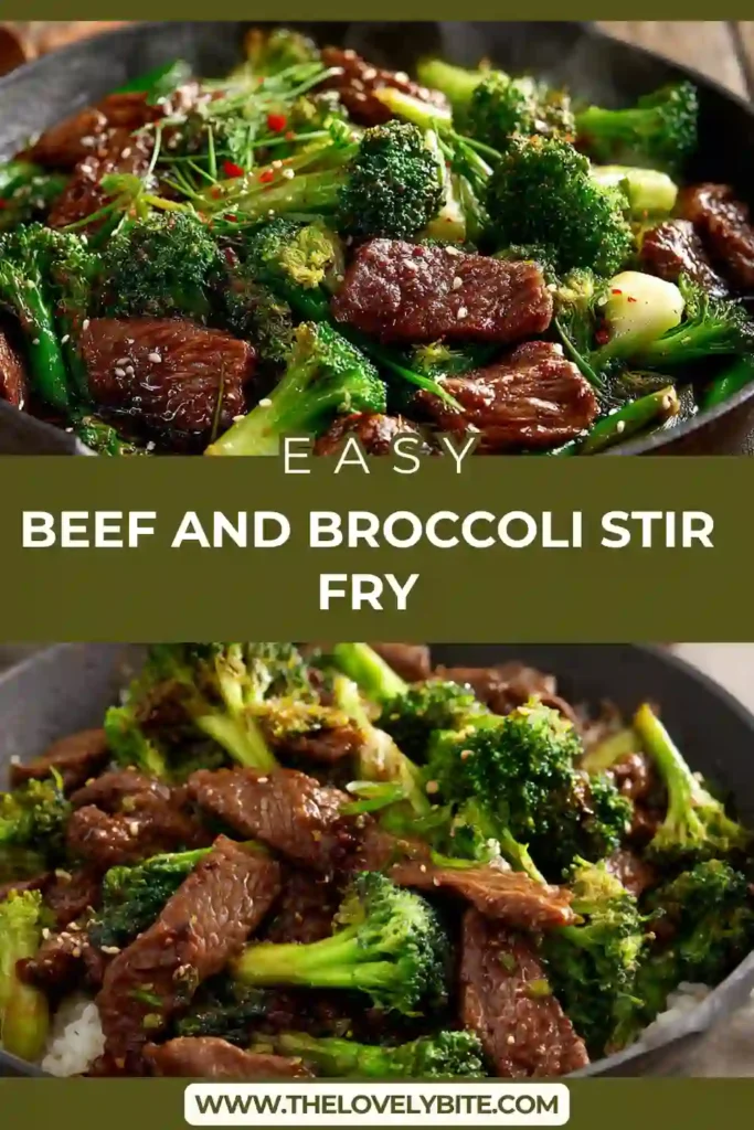 Close-up of homemade beef and broccoli stir fry served over rice with rich sauce and sesame garnish.
