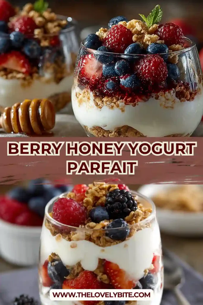 A layered Berry Honey Yogurt Parfait with creamy Greek yogurt, fresh berries, granola, and honey in a glass. The texture looks rich and inviting.
