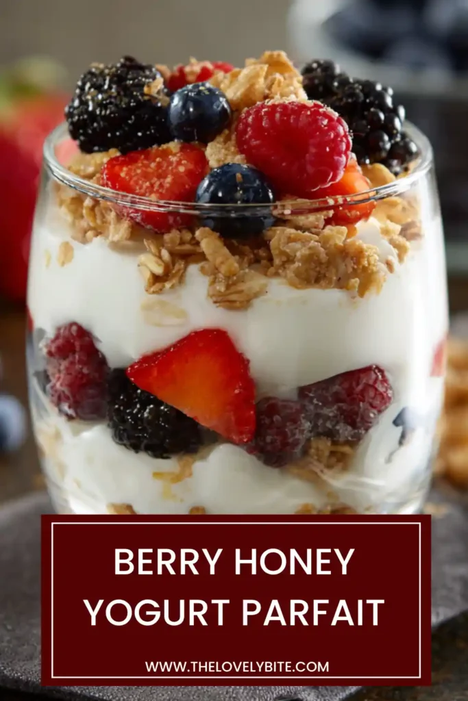 Close-up of a Berry Honey Yogurt Parfait showing layers of yogurt, granola, and mixed berries with a drizzle of honey.