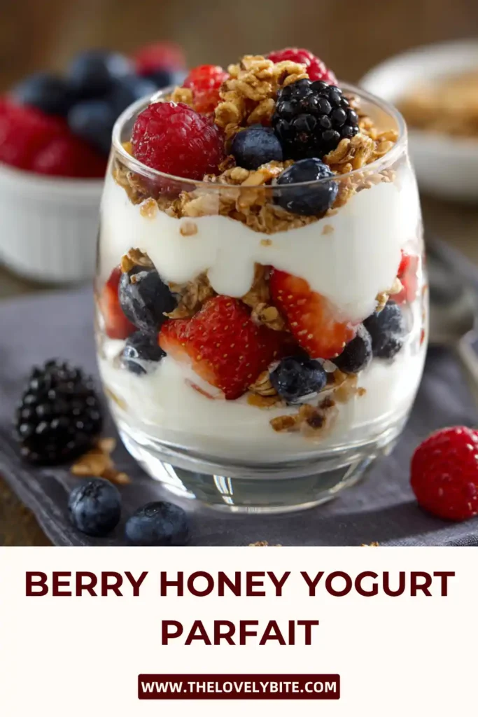 Two servings of Berry Honey Yogurt Parfait in clear glasses topped with strawberries, blueberries, and crunchy granola.