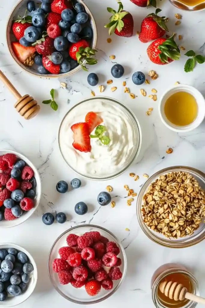 Fresh and healthy Berry Honey Yogurt Parfait served in a bowl with visible layers of creamy yogurt and colorful berries.