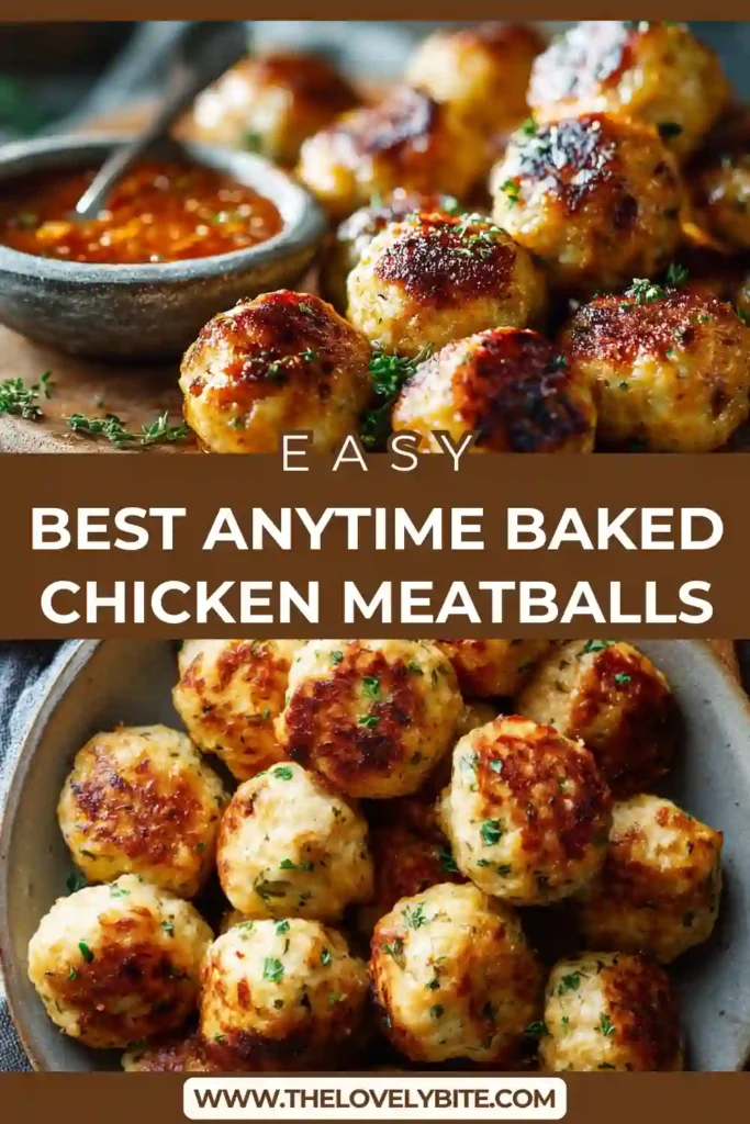 A tray of golden baked chicken meatballs fresh out of the oven, evenly cooked and garnished lightly for a simple homemade meal.