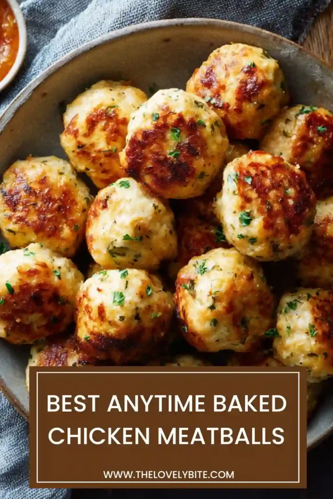 Close-up of juicy baked chicken meatballs with a tender texture, showcasing a healthy and easy oven recipe.