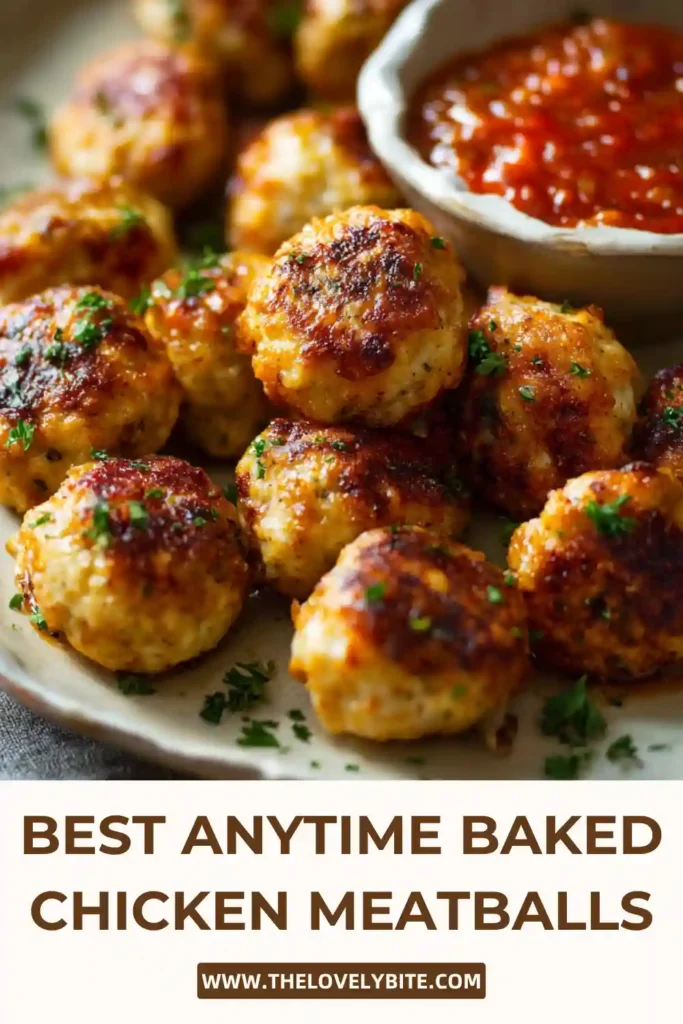 Homemade baked chicken meatballs arranged on a baking sheet, perfectly browned and ready to serve.
