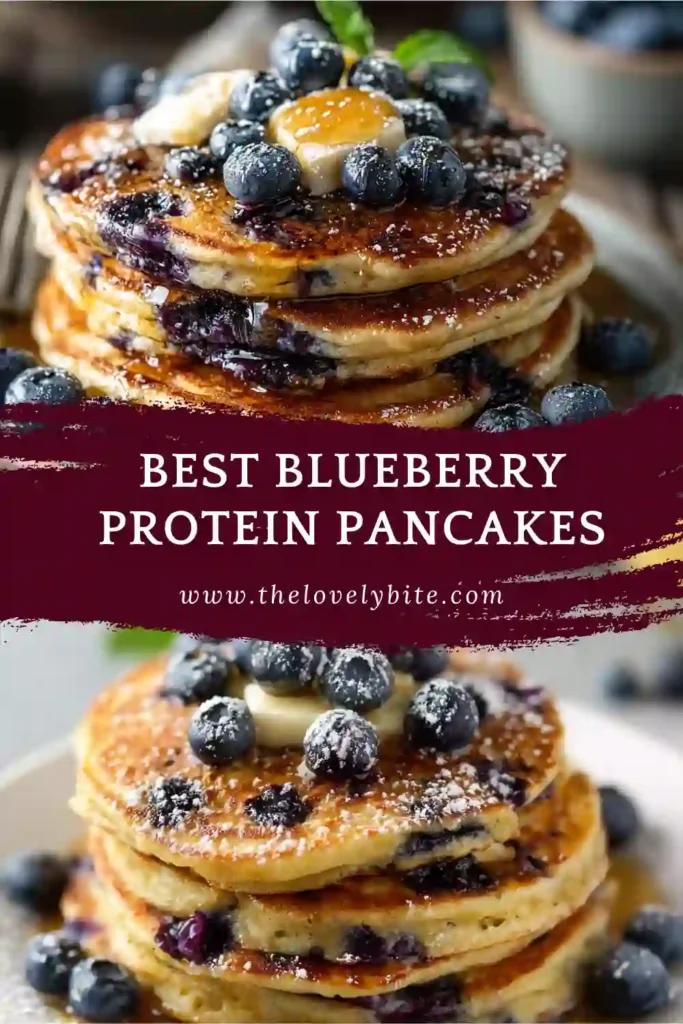 Healthy blueberry protein pancakes arranged on a plate with vegan yogurt and fresh fruit in natural light.