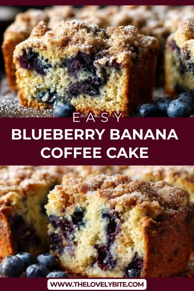 Blueberry Banana Coffee Cake topped with cinnamon crumble and fresh blueberries, sliced and served on a plate. The cake looks moist and golden with a crumbly topping.