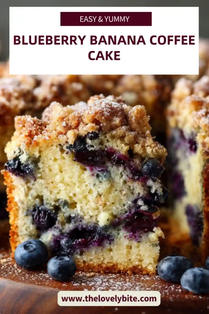 A soft Blueberry Banana Coffee Cake with a buttery streusel topping and visible banana and blueberry texture inside. Perfect homemade dessert.