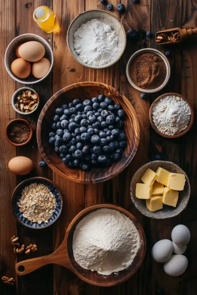 Homemade Blueberry Banana Coffee Cake in a baking pan with crisp crumble topping and soft interior filled with fruit.