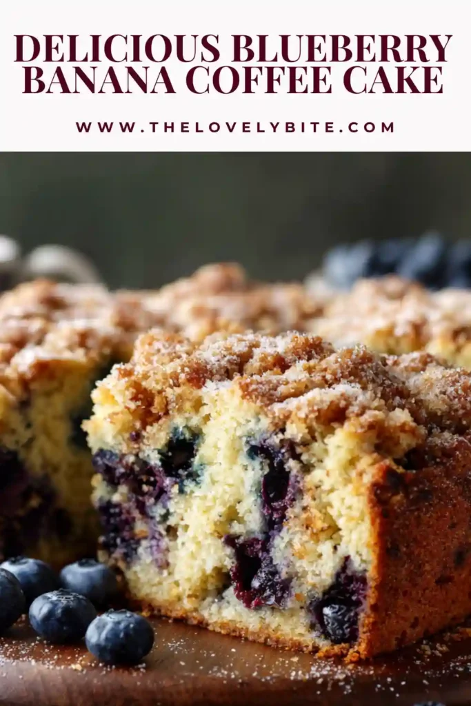 Close-up of Blueberry Banana Coffee Cake slice showing juicy blueberries and tender crumb with cinnamon topping. Freshly baked and golden brown.