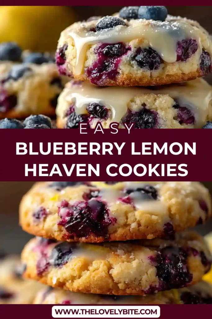 Soft Blueberry Lemon Heaven Cookies topped with powdered sugar, showing juicy blueberries and golden edges on a baking tray.