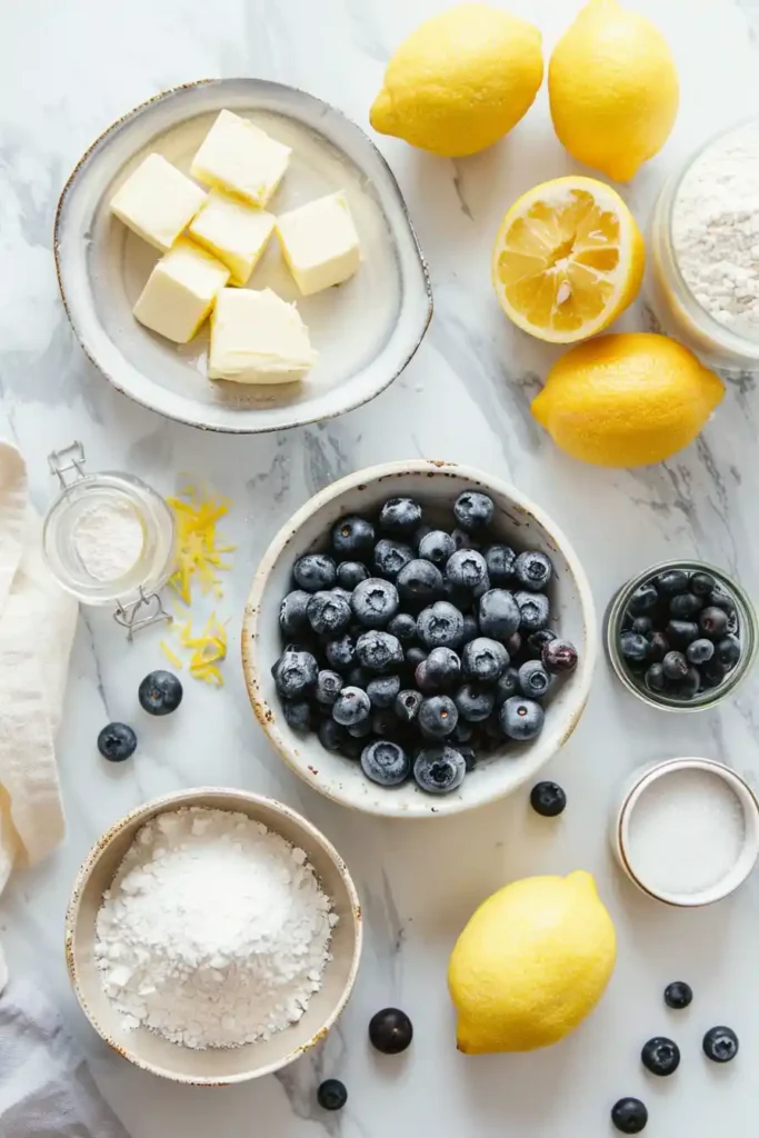 Homemade blueberry lemon cookies stacked on a plate with powdered sugar and bright citrus tones.