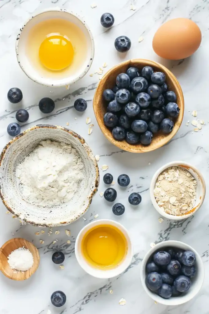 Fluffy blueberry protein pancakes stacked with fresh blueberries and yogurt drizzle on top. A healthy breakfast made with oat flour and Greek yogurt.