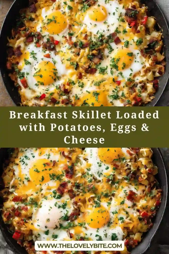 A hearty breakfast skillet with crispy potatoes, eggs, beef sausage, and melted cheese cooked in a cast iron pan. The dish looks warm and freshly prepared.