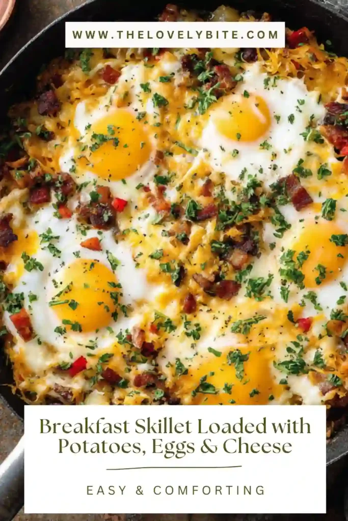 Close-up of a breakfast skillet filled with golden potatoes, turkey ham, and eggs topped with melted cheddar cheese and green onions.
