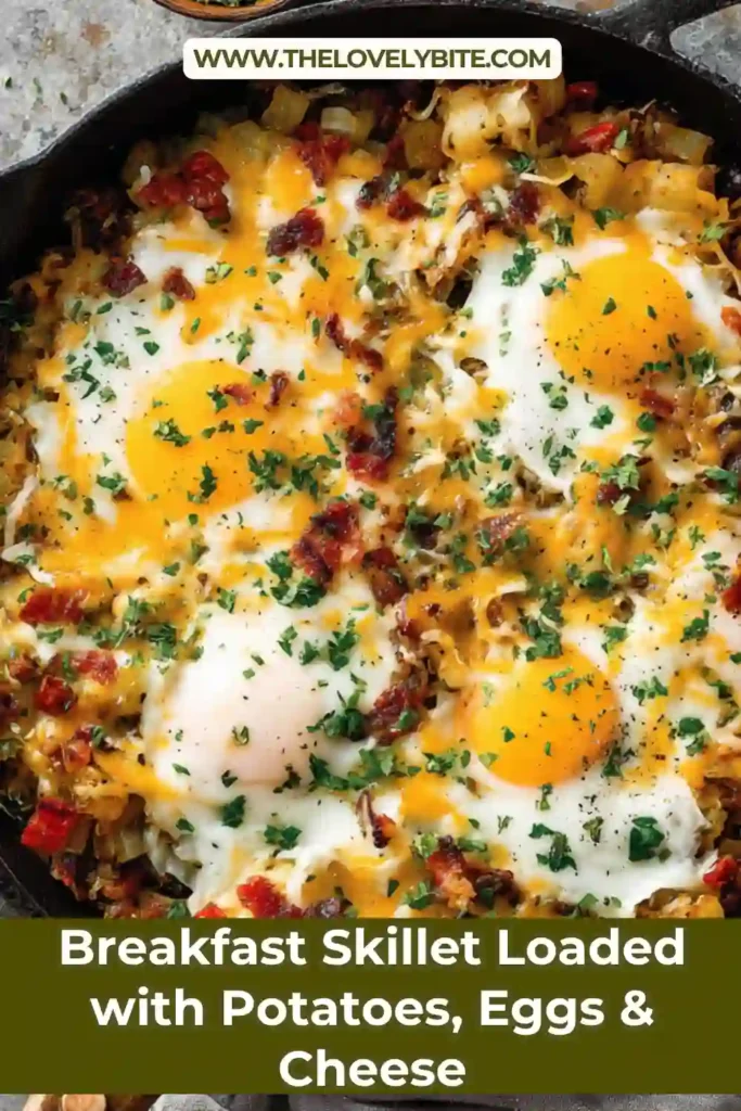 A rustic breakfast skillet featuring eggs nestled in a savory potato and beef sausage mixture with vibrant vegetables.