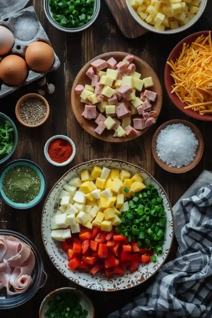 Overhead view of a breakfast skillet with perfectly cooked eggs, crispy potatoes, and melted cheese garnished with fresh green onions.