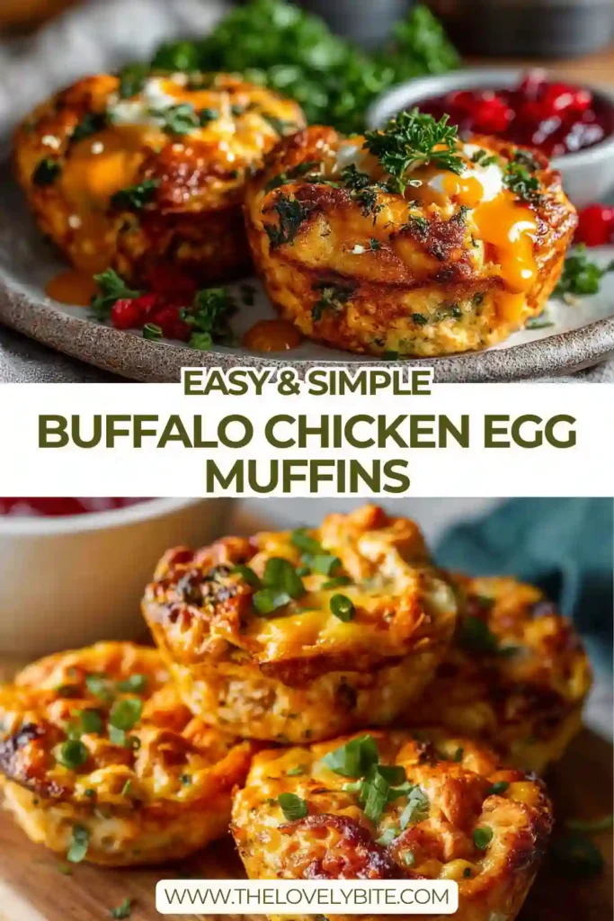 Buffalo Chicken Egg Muffins baked in a muffin tin with visible spinach and chicken pieces. The texture looks fluffy and golden with a slightly crisp edge.