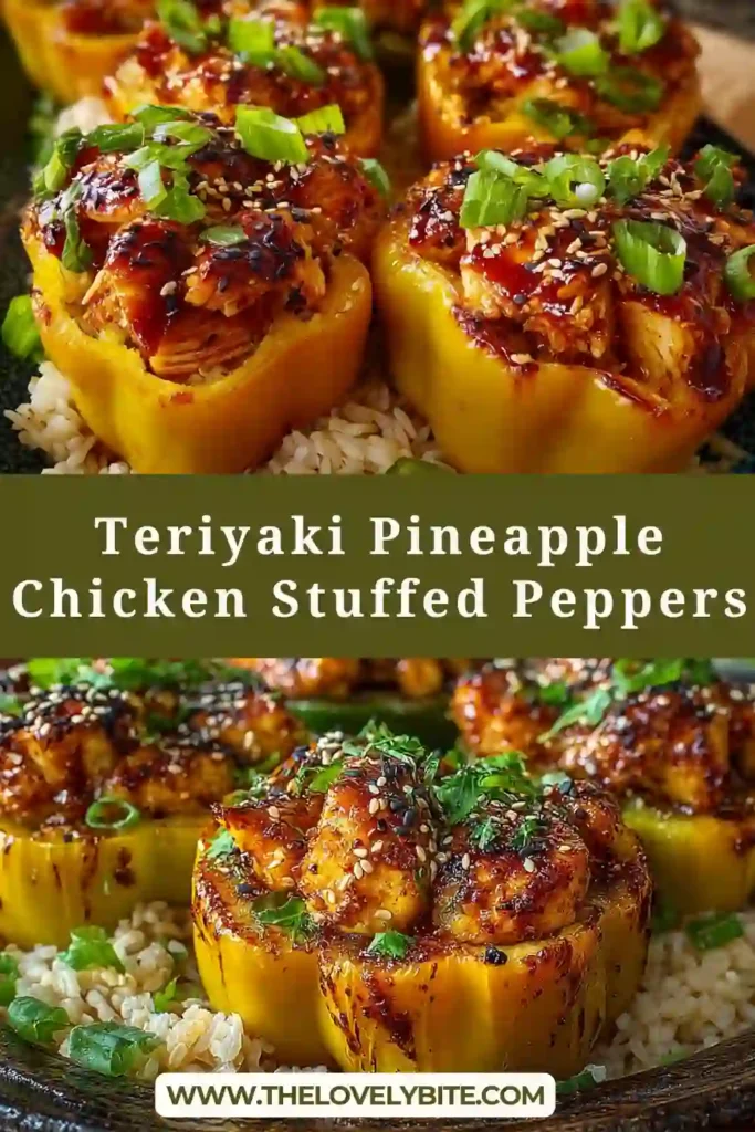 Teriyaki Pineapple Chicken Stuffed Peppers baked until tender and filled with juicy chicken, white rice, diced pineapple, and green onions. The colorful bell peppers make this easy dinner look bright, fresh, and satisfying.