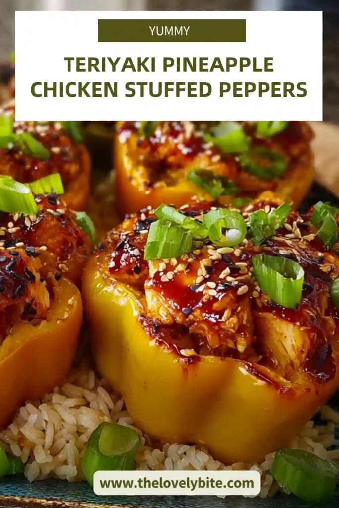 A close-up of Teriyaki Pineapple Chicken Stuffed Peppers topped with green onions and sesame seeds. The filling is glossy, savory-sweet, and packed with chicken, rice, and pineapple.