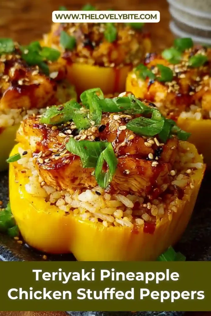 Baked bell peppers stuffed with teriyaki chicken, rice, and pineapple arranged in a serving dish. This chicken and rice stuffed peppers recipe is colorful, hearty, and perfect for a family meal.