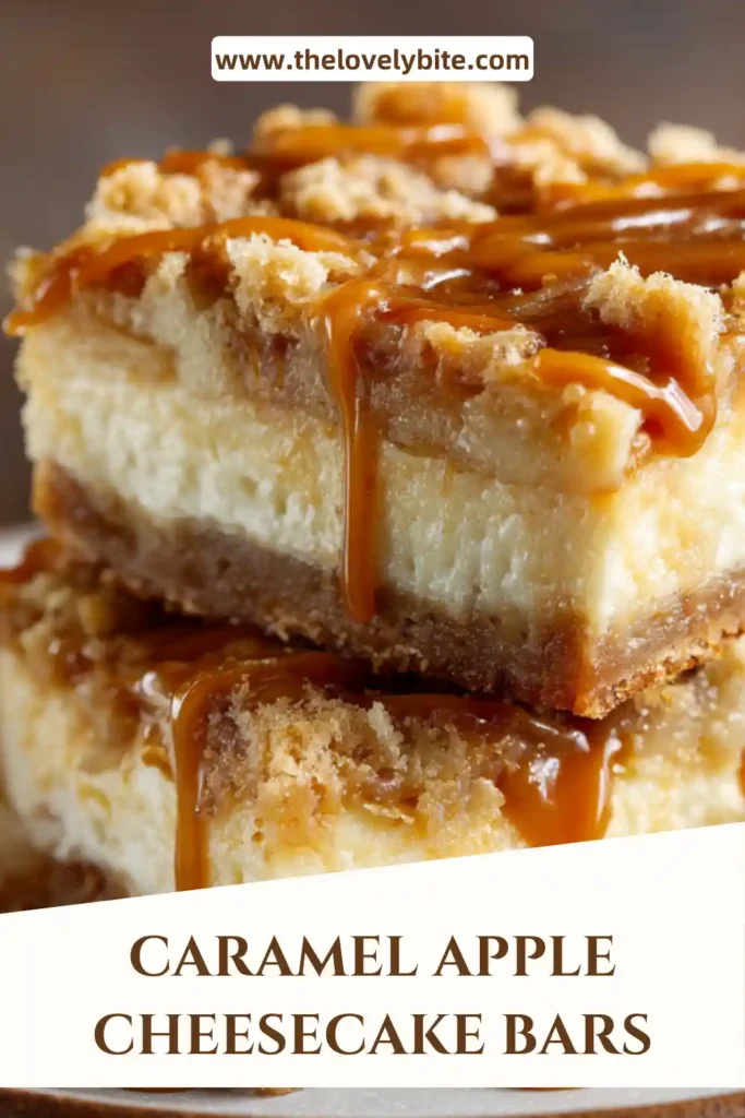 Homemade Caramel Apple Cheesecake Bars in a baking pan with caramel drizzle over the top. This fall dessert has a rich cheesecake layer, spiced apples, and buttery streusel.