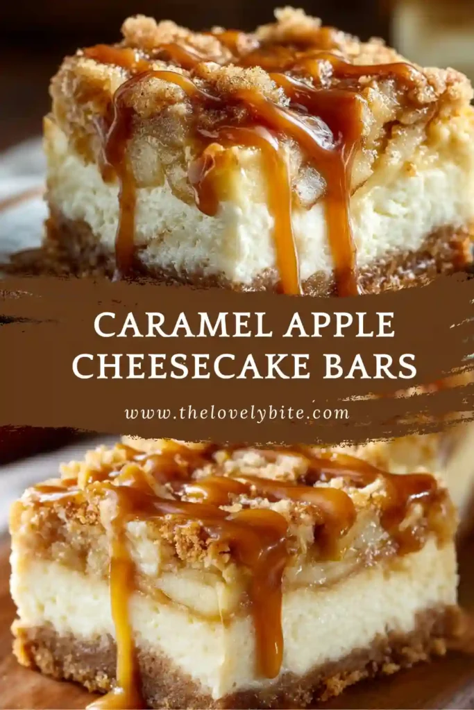 A stack of Caramel Apple Cheesecake Bars topped with golden streusel and drizzled with caramel sauce. The layers of buttery crust, creamy cheesecake, and cinnamon apples are clearly visible.