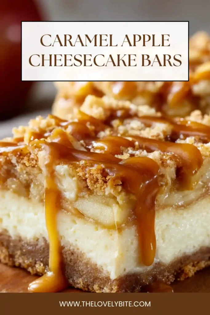 Close-up of Caramel Apple Cheesecake Bars sliced into squares and served on a plate. The dessert features a crumbly oat topping, apple filling, and smooth cheesecake center.