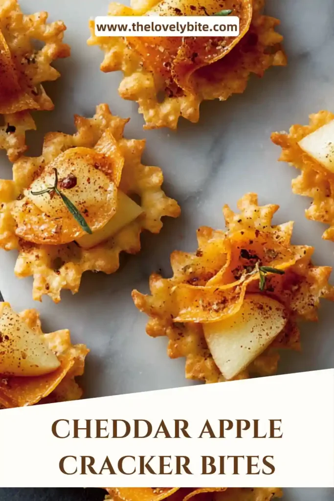 Cheddar Apple Cracker Bites arranged on a platter with fresh apple slices, cheddar cheese, and a honey mustard drizzle. A quick no-cook snack idea perfect for gatherings.