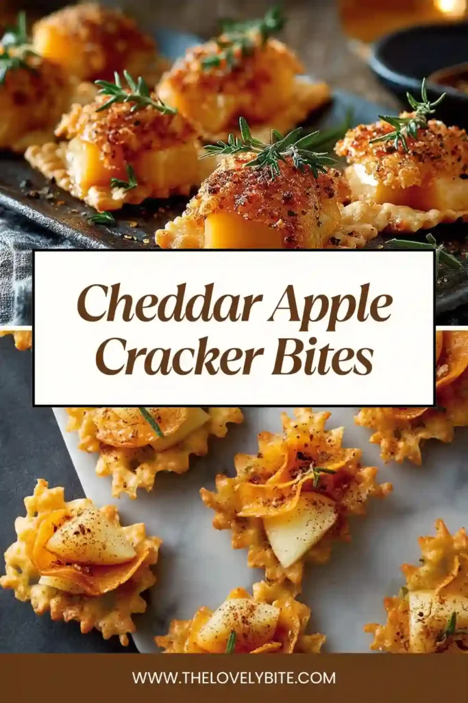 Close-up of Cheddar Apple Cracker Bites showing layers of crispy crackers, sliced apples, and melted cheddar with a glossy drizzle.