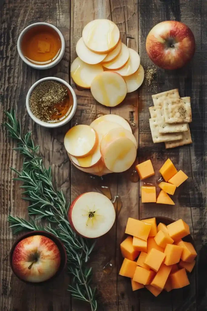 Homemade Cheddar Apple Cracker Bites styled for a party, featuring crunchy crackers, juicy apples, and creamy cheese topping.