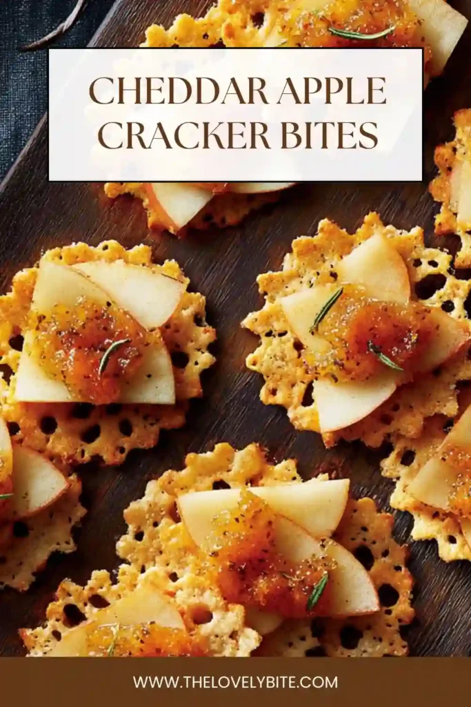 A serving board filled with Cheddar Apple Cracker Bites garnished with rosemary, highlighting a sweet and savory appetizer.