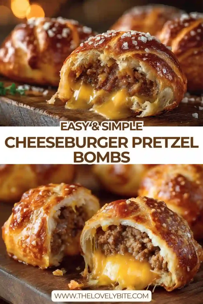 Close-up of Cheeseburger Pretzel Bombs revealing juicy beef meatball and melted cheese center. Perfect party appetizer idea.