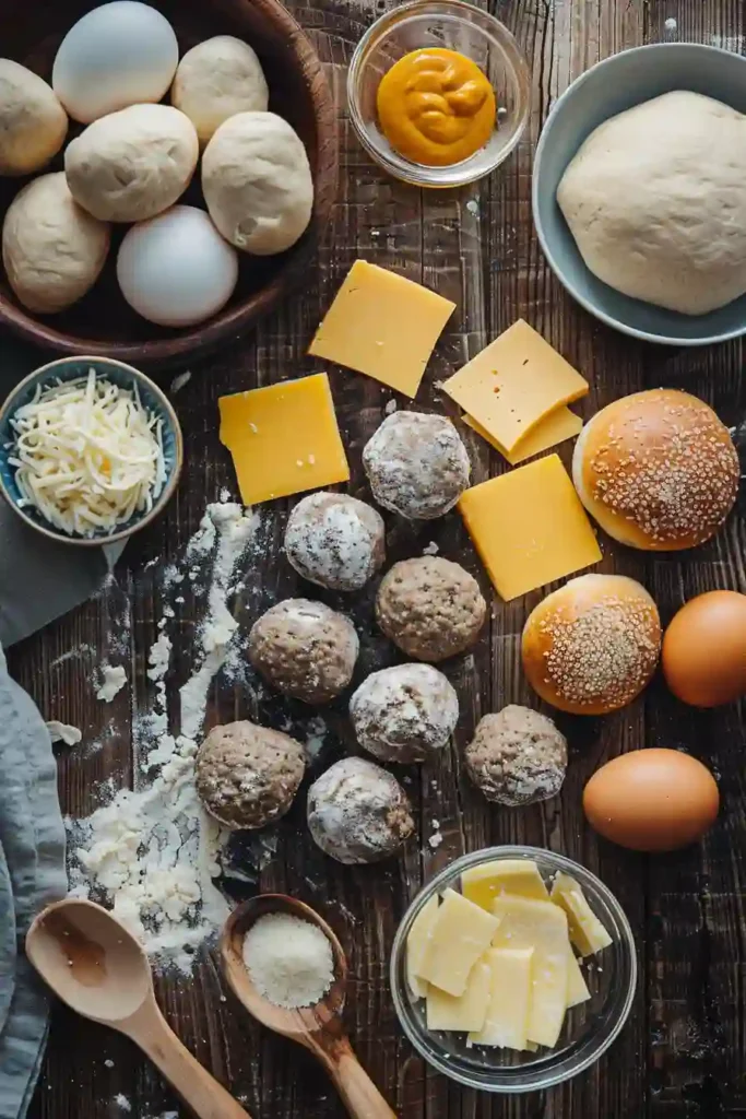 Homemade Cheeseburger Pretzel Bombs arranged on a plate with golden crust and soft dough texture. Ideal snack or comfort food.