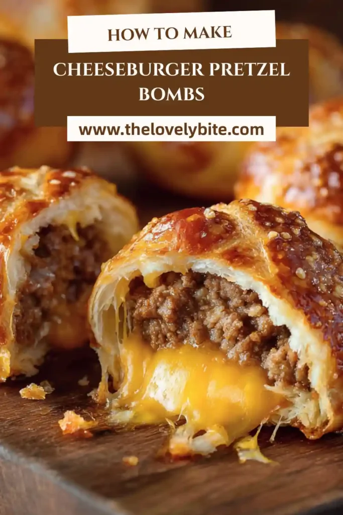 Freshly baked Cheeseburger Pretzel Bombs served warm with mustard dipping sauce. Crispy exterior and cheesy interior shown.