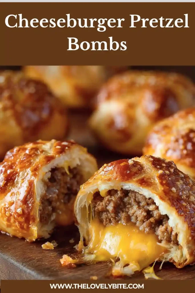 Golden brown Cheeseburger Pretzel Bombs with melted cheese and beef filling on a baking tray. Soft pretzel texture visible with coarse salt topping.