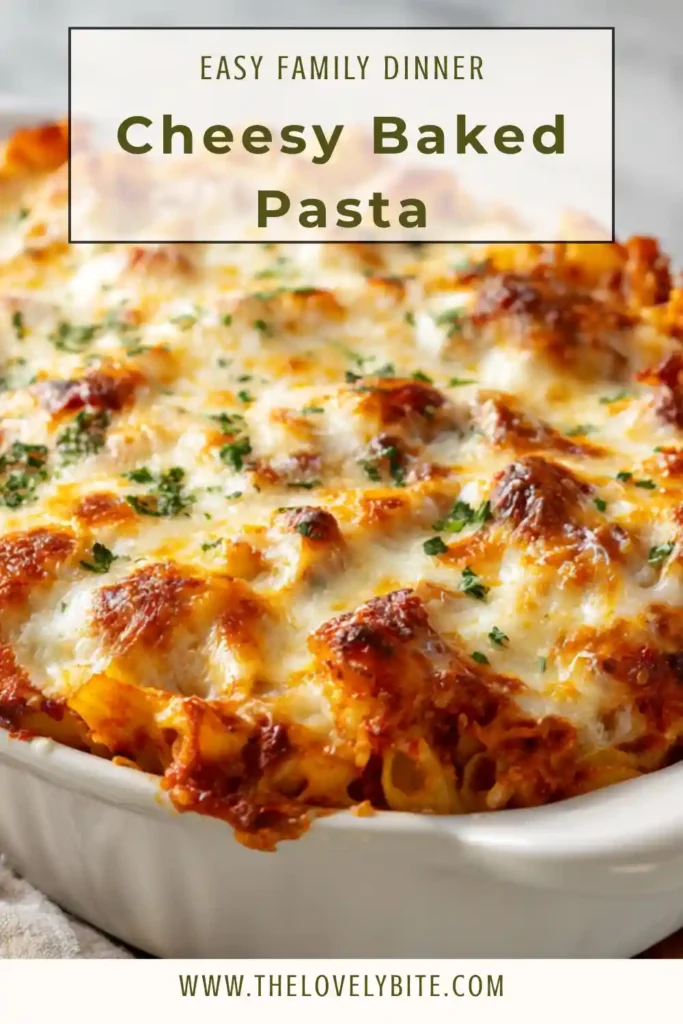 A freshly baked cheesy baked pasta with golden melted mozzarella and rich tomato sauce in a baking dish. The pasta looks creamy and perfectly cooked.