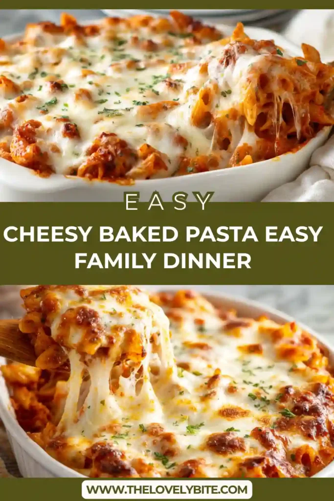 Close-up of cheesy baked pasta showing layers of pasta, sauce, and melted cheese bubbling on top. A comforting family dinner dish.