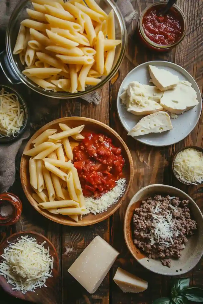 A serving of cheesy baked pasta with creamy sauce and stretchy melted cheese, perfect for an easy dinner recipe.