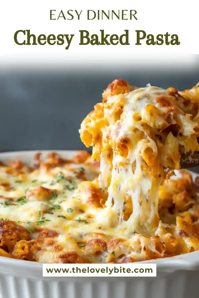 Oven baked cheesy pasta casserole with melted mozzarella and Parmesan on top, served warm in a glass baking dish.