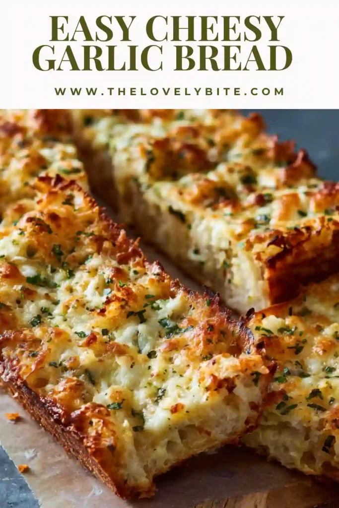Close-up of Cheesy Garlic Bread slices with bubbling cheese and garlic butter spread. A delicious and easy baked side dish.