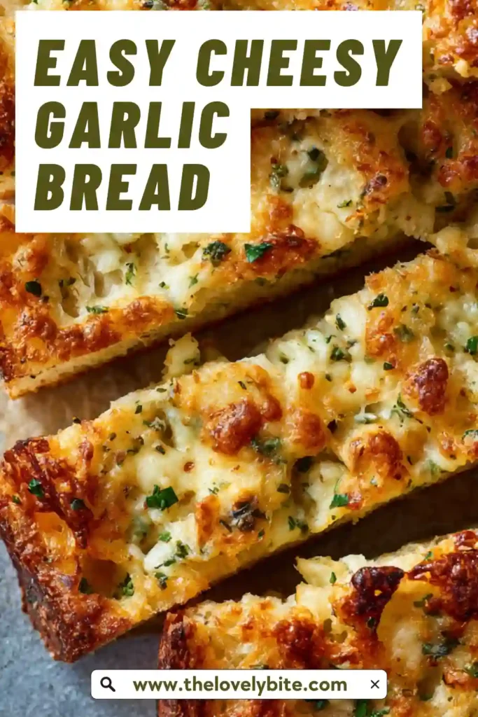 Homemade Cheesy Garlic Bread with crispy edges and soft center, topped with herbs and melted cheese.