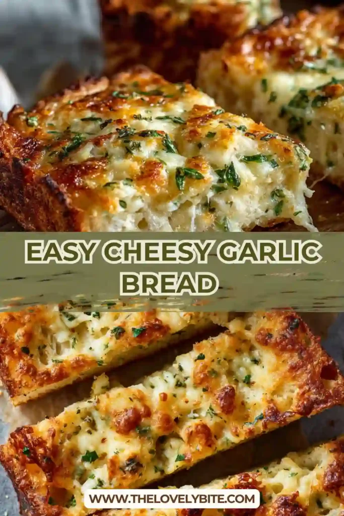 Golden brown Cheesy Garlic Bread fresh from the oven with melted cheese and garlic flavor. Ideal for pasta pairing.